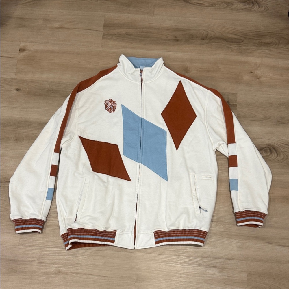 Vintage Y2K Rocawear White and Brown zip up Bomber with Blue & brown Accents